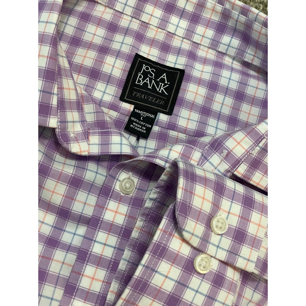 Jos A Bank Traveler Shirt Mens Large Purple Plaid Excellent Traditional Fit